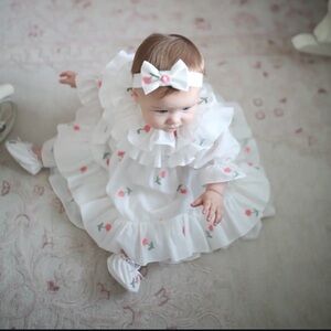 White Baby Girl Ruffled Floral Dress with Headband